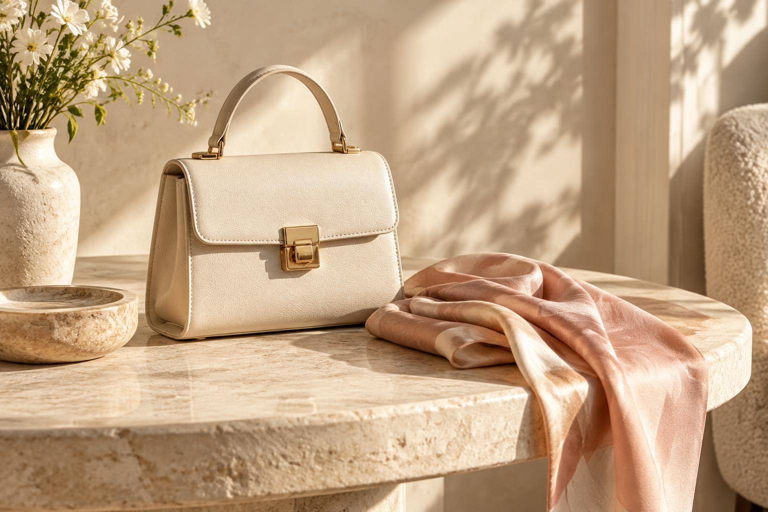 Ivory handbag and blush scarf with golden accents